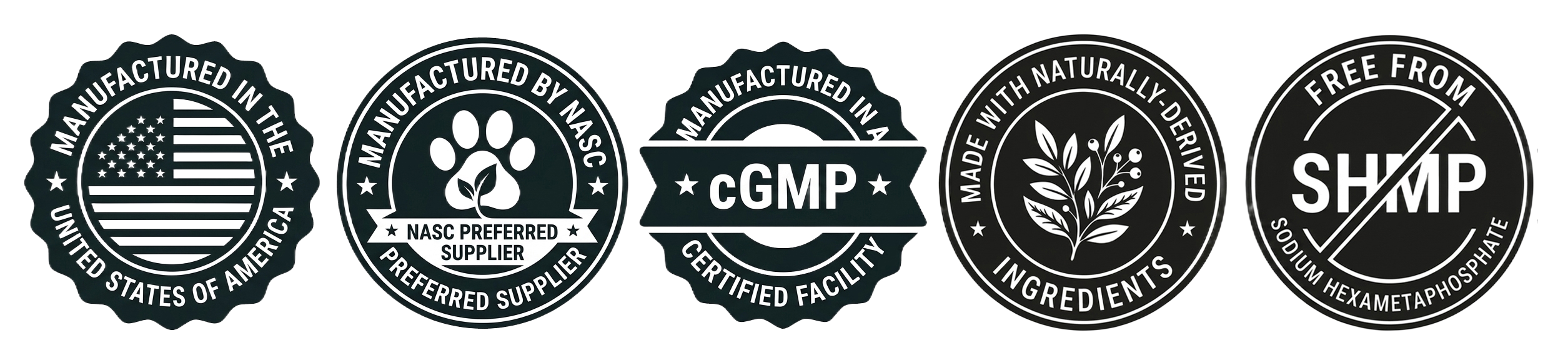 Manufacturing certifications: Made in USA, NASC Preferred Supplier, cGMP Certified, Made with Naturally-Derived Ingredients, Free from Synthetic Phosphates