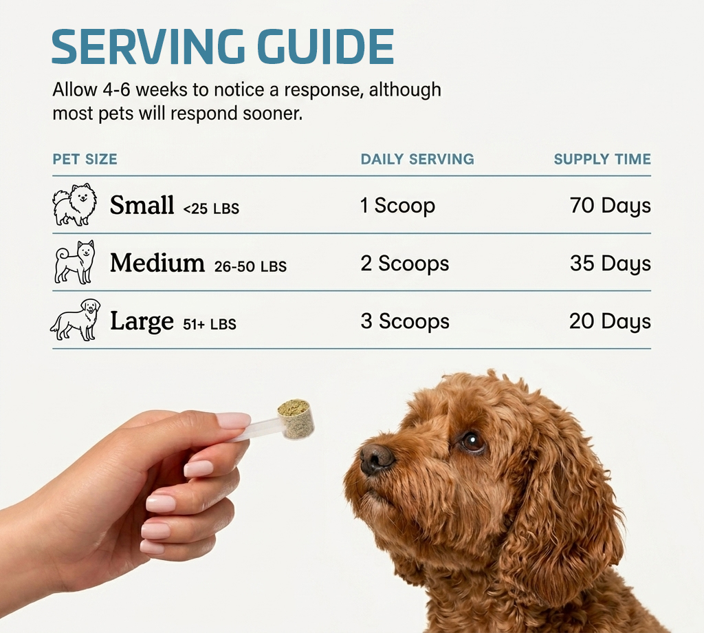 Petoku serving guide: Small 1 scoop, Medium 2 scoops, Large 3 scoops